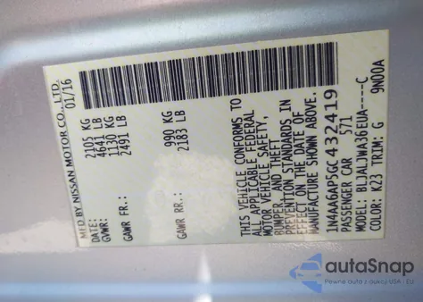 2016 Nissan Maxima 3.5 Sv из США, поврежденный, VIN 1N4AA6AP5GC432419